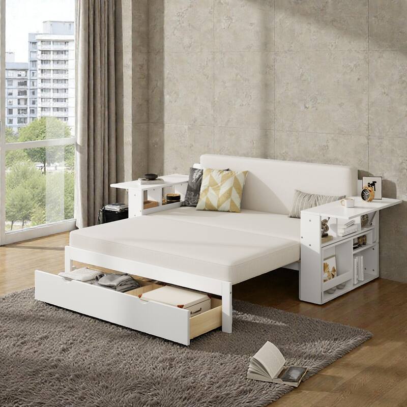 Full Size Daybed with Removable Desk, Storage Drawers & Hydraulic Side Table, Multi-Functional Sofa Bed for Small Spaces
