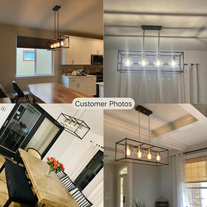 Iain Modern 4-Light Black Gold Chandelier Metal With Seeded Glass Shades Rectangle Kitchen Island Lights for Dining Room