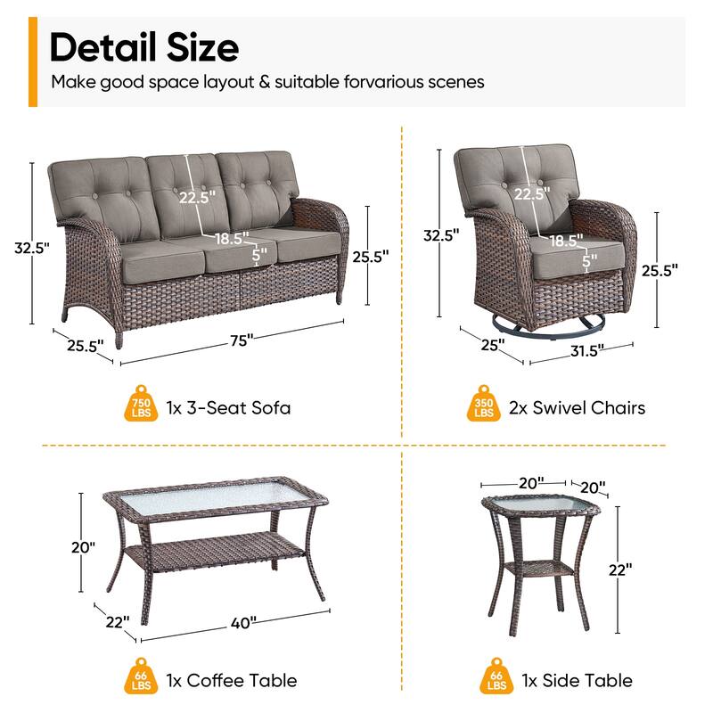 Pocassy 5 Piece Ooutdoor Sofa with Swivel Chair Table