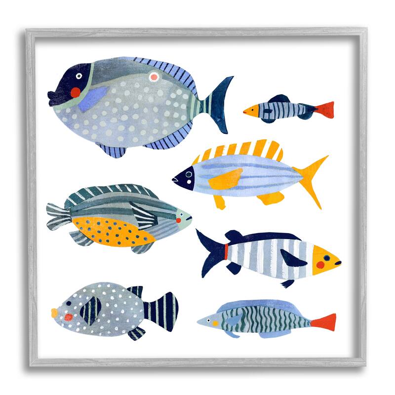 Stupell Children's Aquatic Fish Arrangement Playful Blue Yellow Animals Framed Wall Art - 24 x 24 - Grey
