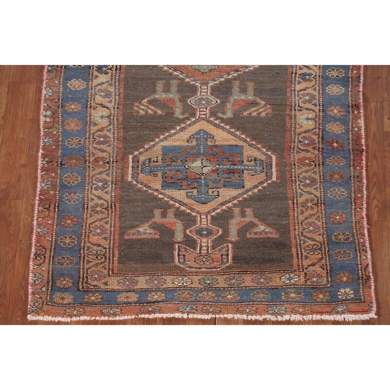 Tribal Ardebil Persian Vintage Runner Rug Handmade Wool Carpet - 3'3"x 11'1"