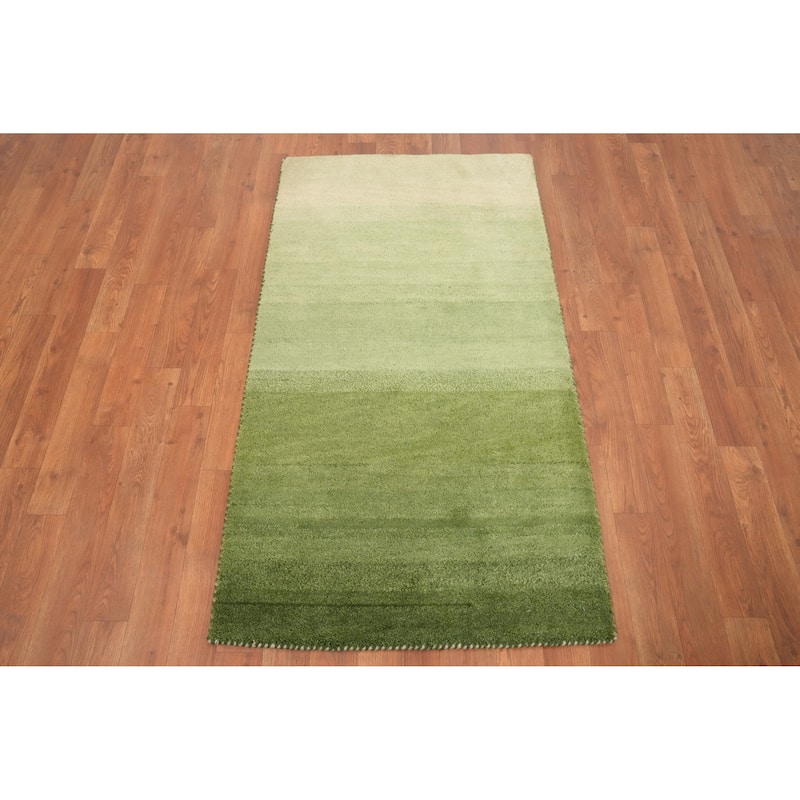 Hand Knotted Oriental 100% Wool Carpet Modern Stripe Green Gabbeh Area Rug - 4' 5'' X 2' 5''