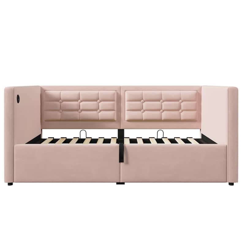 Velvet Tufted Upholstered Daybed Hydraulic Storage Twin Bed Frame with USB & Type-C Charging, Side Pockets and Wooden Slats