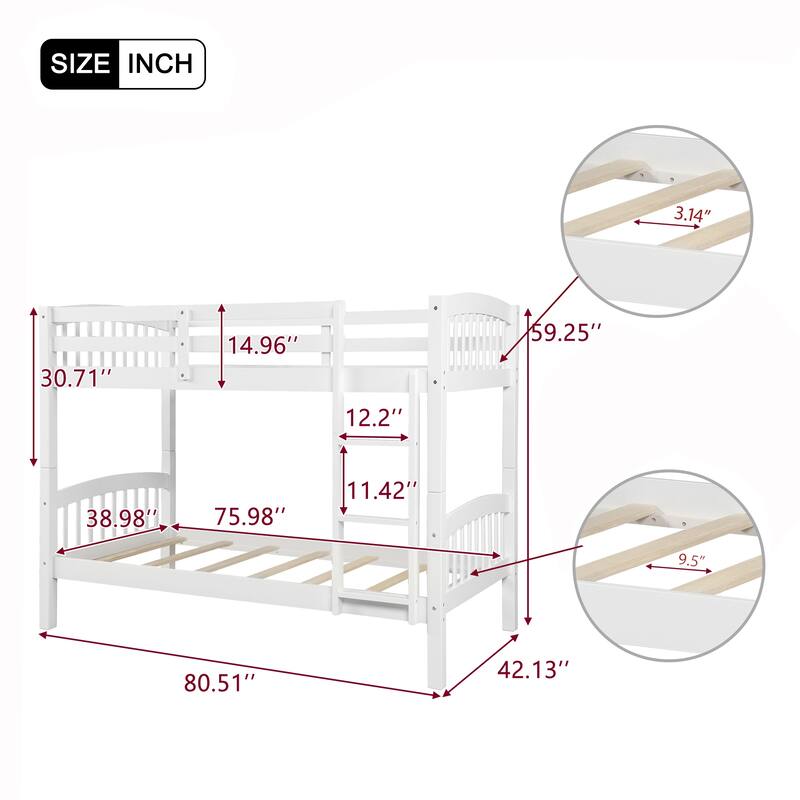 Twin Over Twin Bunk Bed with Ladder & Guardrail, Solid Wood Bedframe