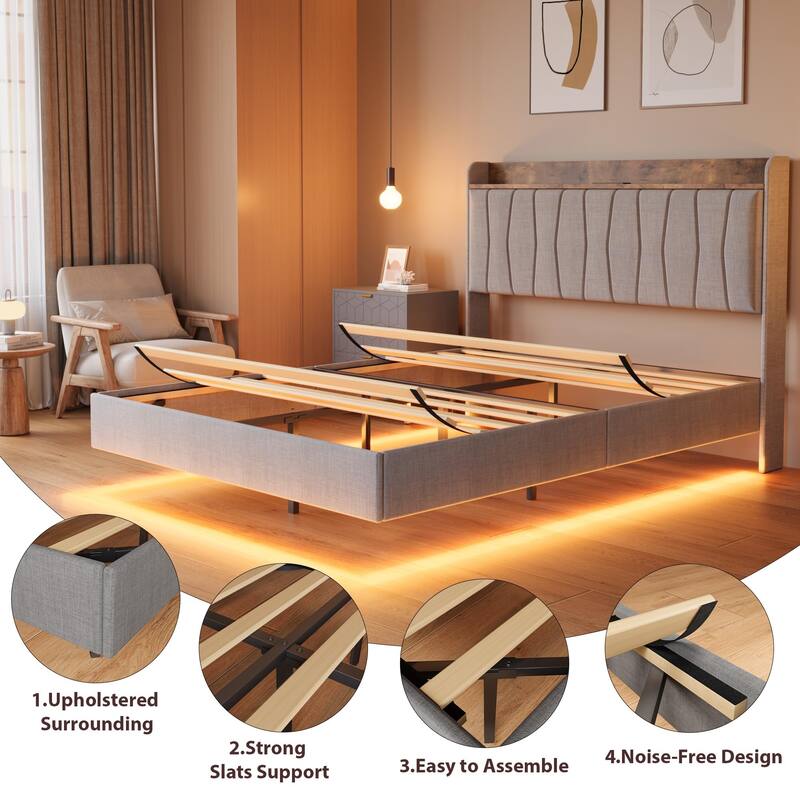 Floating Bed Frame Full with LED Lights & USB Charging Station – Modern Upholstered Platform Bed with Headboard