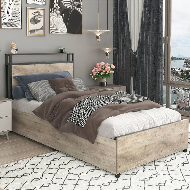 Twin Size Platform Bed Frame,Storage Headboard with Charging Station