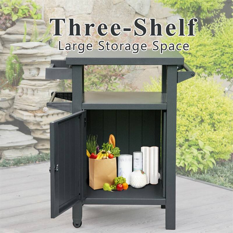 Grill Carts Outdoor w/ Storage and Wheels, Whole Metal Portable Table