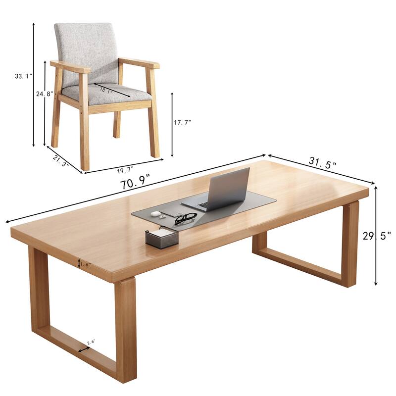 Double Computer Desk with 2 Chairs, Two Person Desk Workstation for Home Office, Natural