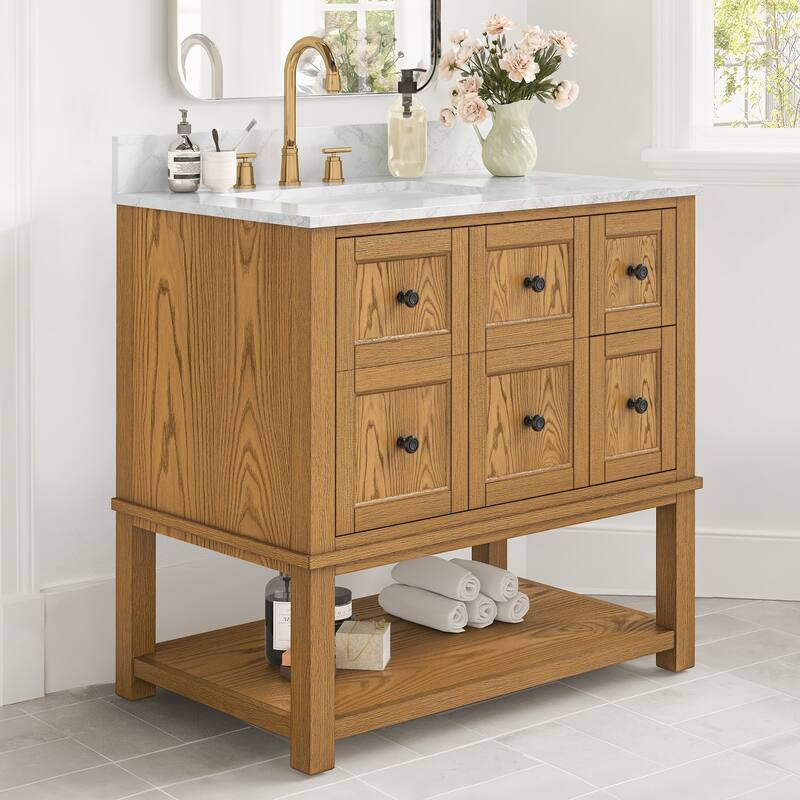 48" Bathroom Vanity with Sink, Marble Countertop Single Bathroom Vanity with 6 Drawers, White