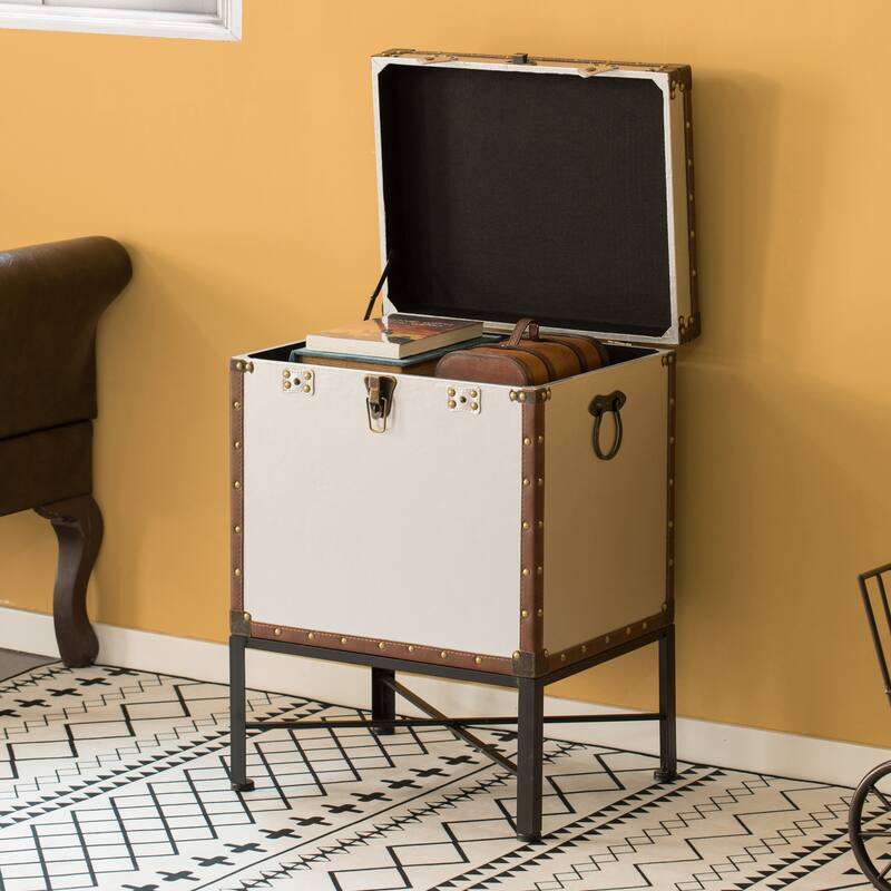 Trimmed Faux Leather Lockable Square Lined Storage Trunk, End Table on Metal Stand