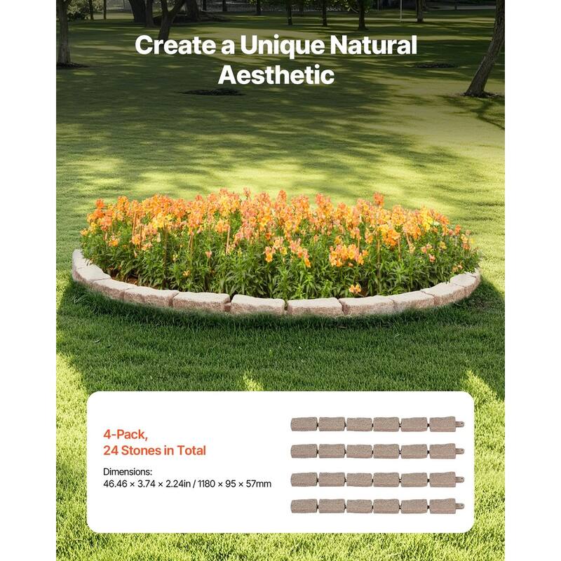 Brown Plastic Stone Landscape Edging 4 Pack with Stakes for Garden Borders - 46.46 × 3.74 × 2.24 in
