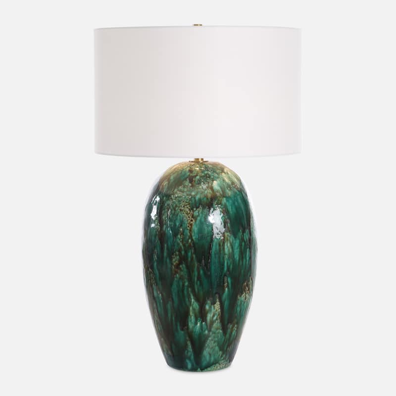 Drip Glaze Table Lamp with Drum Shade - 33.25" - Emerald Green