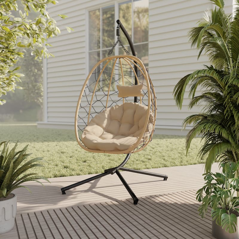 Summit Hanging Egg Swing Chair with Brown Frame & Foldable Shell for Home Patio Garden Backyard Porch