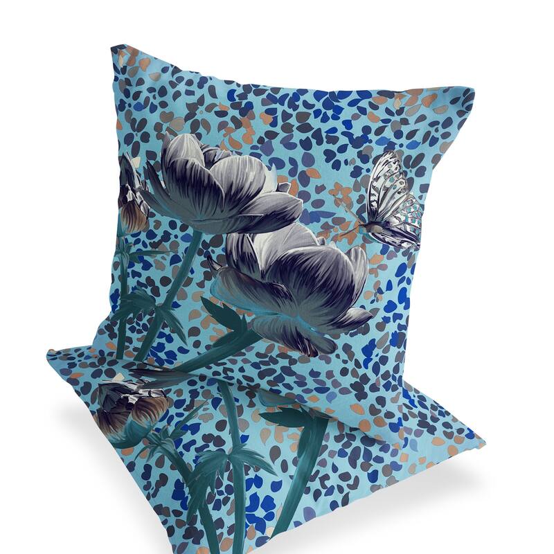 HomeRoots Set of Two 16" X 16" Blue and White Butterfly Blown Seam Floral Indoor Outdoor Throw Pillow - 16.00' X '16.00' X '5.00