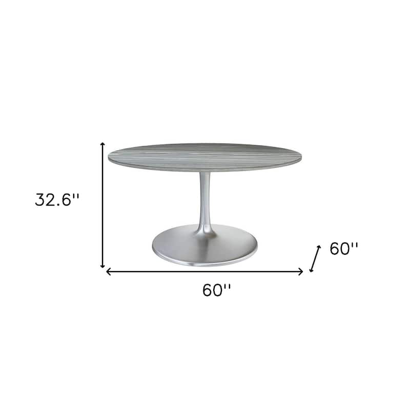 HomeRoots 60" Gray and Silver Marble and Aluminum Pedestal Base Round Top Dining Table - 60.00 in. x 32.60 in. x 60.00 in.