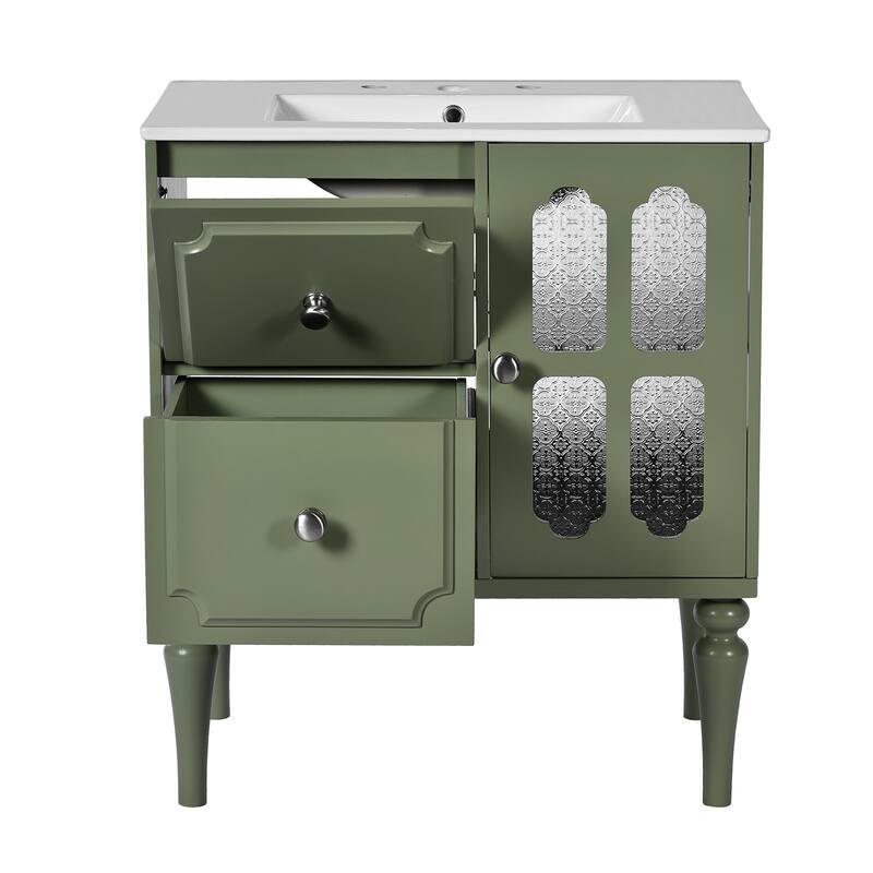 30 Inch Single Sink Freestanding Bathroom Vanity in Green with White Ceramic Top