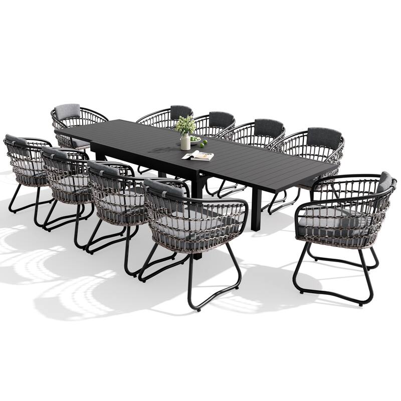 VredHom 11PC Outdoor Patio Extendable Table Dining Sets Table with Rattan Chairs - Table-Black&Chair-Grey