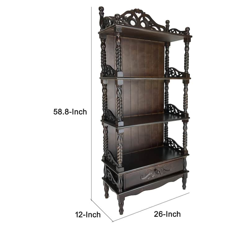 Wooden Bookcase Shelf with Carved Details and Filigree Accents, Brown