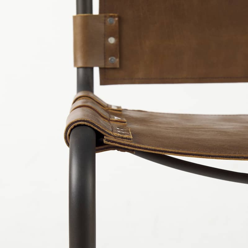 Berbick Medium Brown Genuine Leather w/ Gunmetal Iron Frame Dining Chair - 20.5"W x 24"D x 33"H