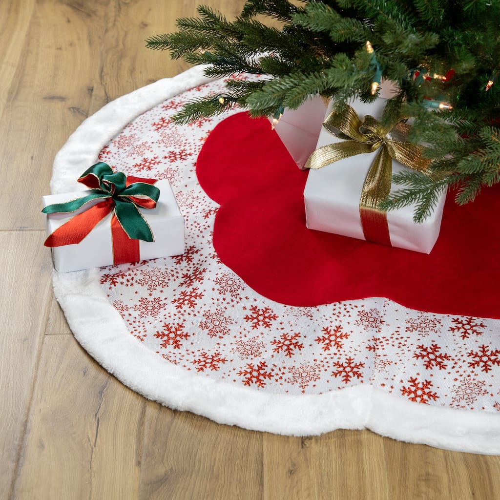 48" Red and White Glitter Snowflake Scallop Christmas Tree Skirt - 48