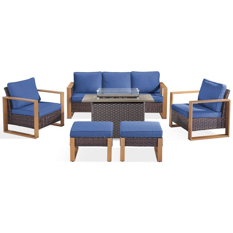 Meyreso Wicker Patio Conversation Set with Fire Pit Table & Olefin Cushions