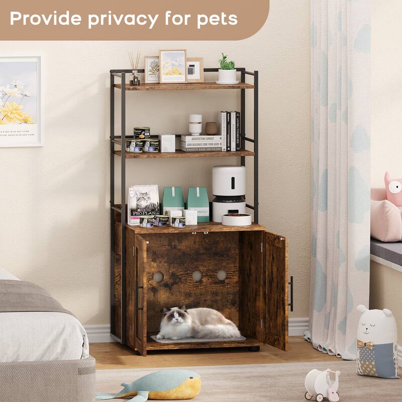 2-in-1 Hidden Cat Litter Box with 3 Shelves and Door