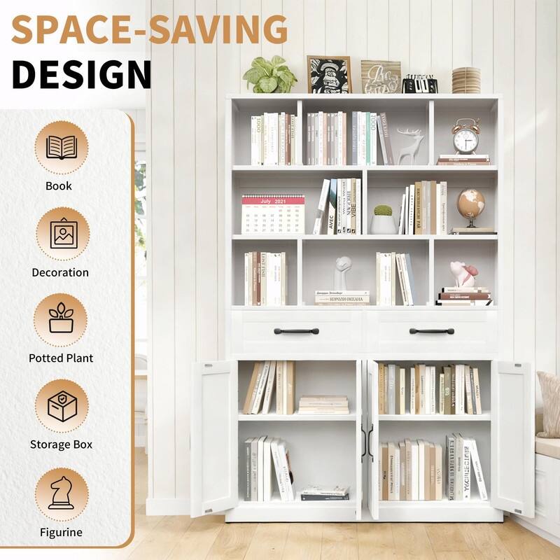 71" Tall Metal Bookcase with 2 Doors, 2 Drawers and Open Shelves