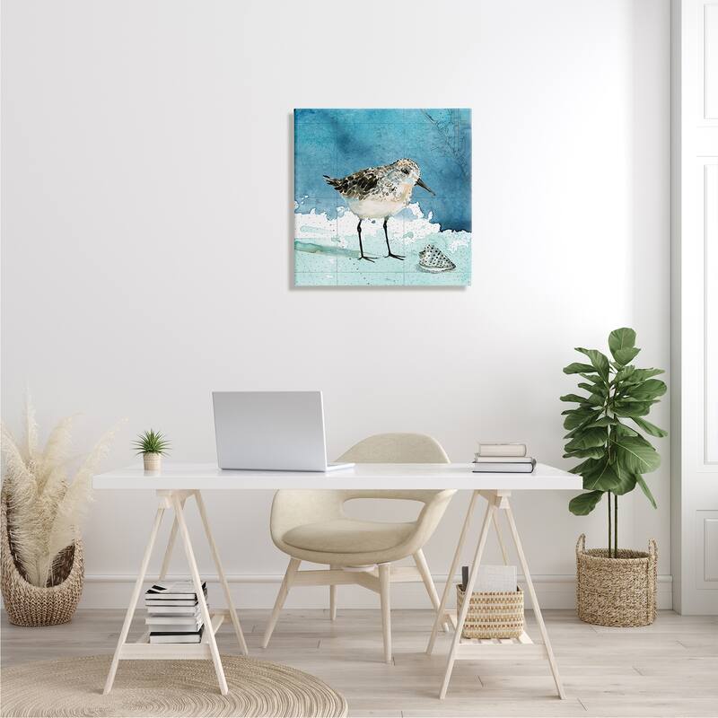 Stupell Sandpiper Bird and Shell Nautical Ocean Map Canvas Wall Art - Blue