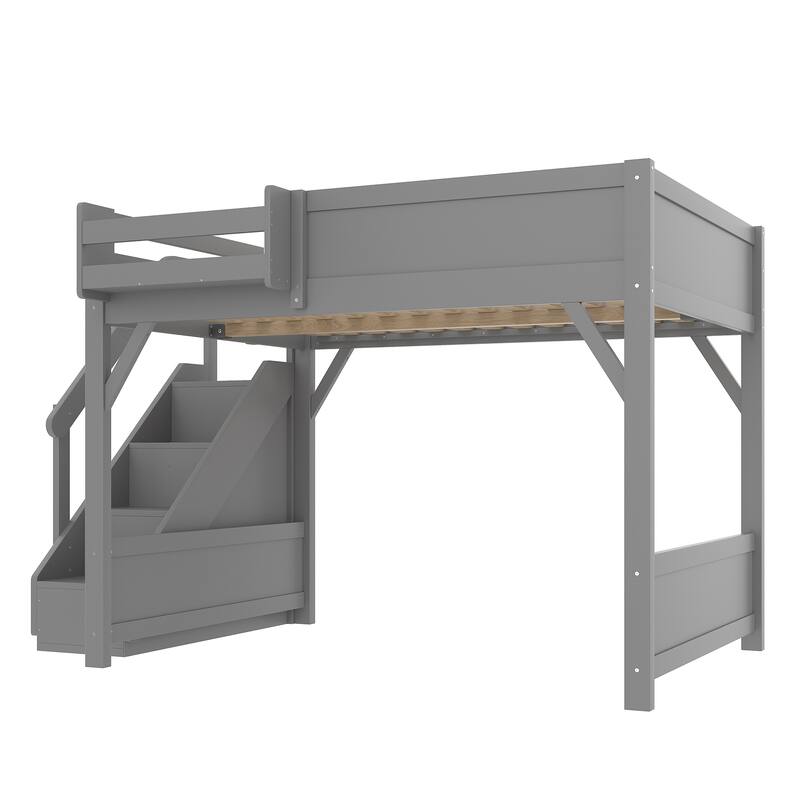 Kids Solid Wood Loft Bed Frame with Built-in Wardrobe, Storage Shelves, Full-length Guardrails and Stairs, No Box Spring Needed