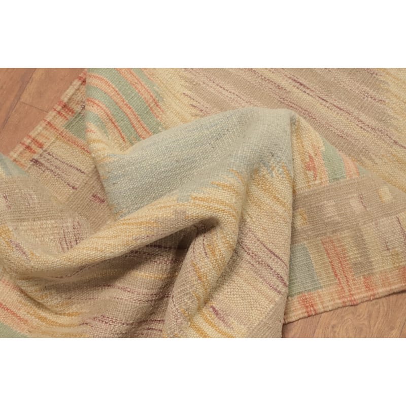 Hand Woven Oriental 100% Wool Carpet Southwestern Tribal Beige & Ivories Kilim Runner Rug - 6' 3'' X 2' 2''