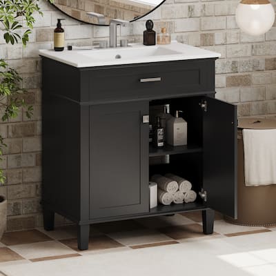 30" Solid Wood Frame Bathroom Vanity Cabinet with Ceramic Sink, Black - 30 Inch