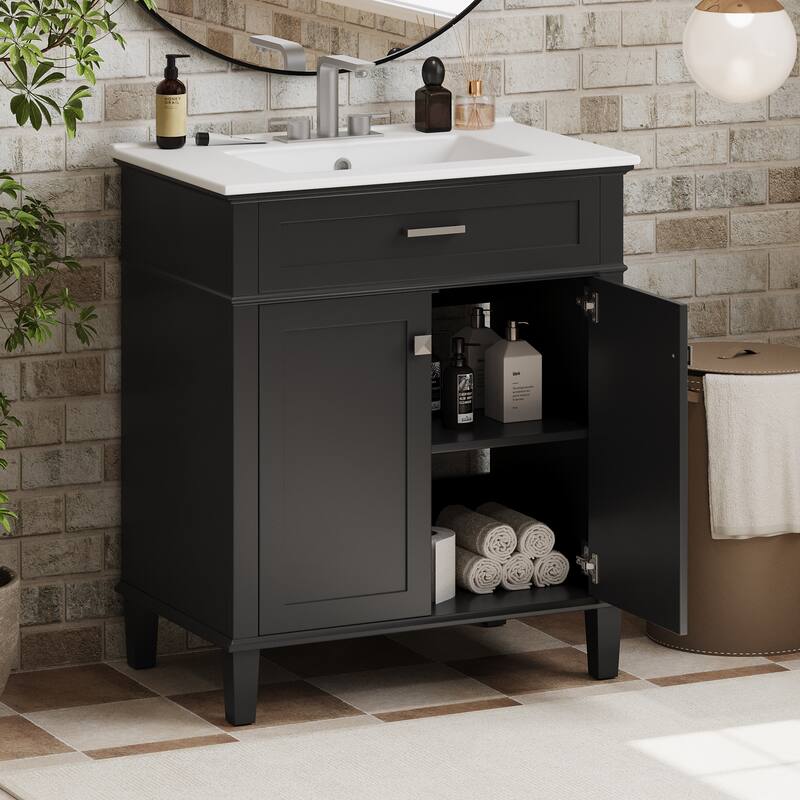 30-inch bathroom vanity with ceramic basin, soft close door and adjustable shelves