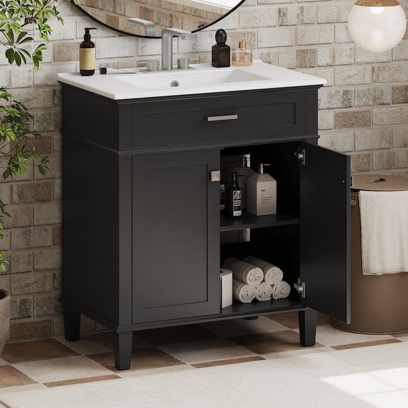 Roomfitters Modern 30" Bathroom Vanity with Ceramic Basin, Soft-Close Door and Adjustable Shelves
