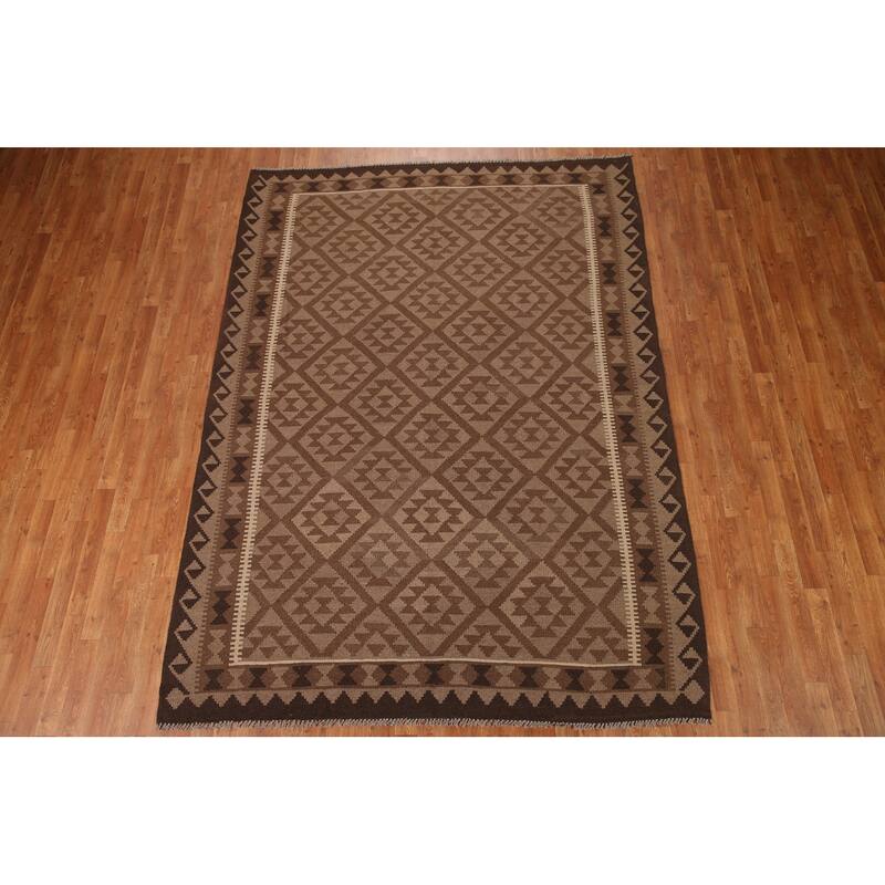 Brown Kilim Oriental Area Rug Hand-woven Wool Carpet - 6'11"x 9'6"