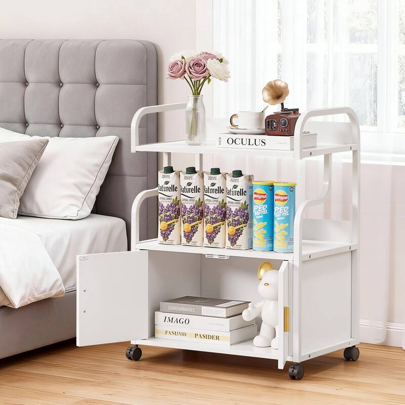 Javlergo 2-in-1 White Rolling Utility Cart with Outlets & USB Ports 3-Tier Open Shelf or 2-Tier with Door Cabinet Office Cart