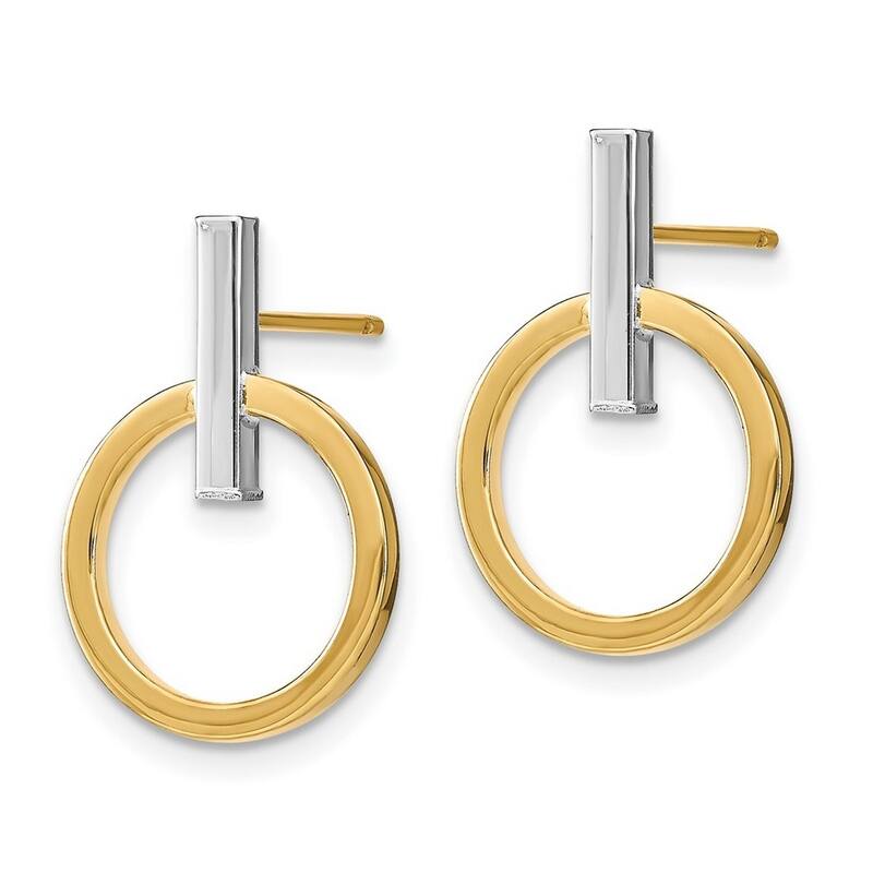 Curata 14k Two tone Gold Polished Bar and Circle Drop Dangle Post Earrings 18.09x13.71mm