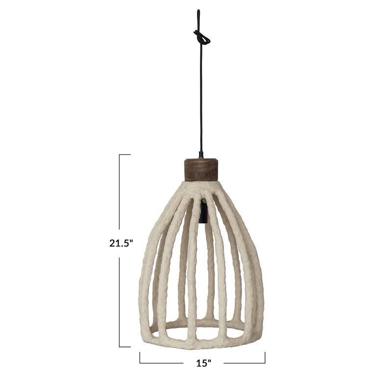 Handmade Paper Mache, Mango Wood and Metal Pendant Lamp - 15.0"L x 15.0"W x 21.5"H