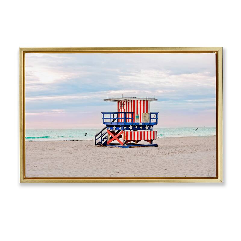 Stupell Patriotic Lifeguard Hut Framed Floater Canvas Wall Art Design By Seven Trees Design - 31 x 21 - Gold