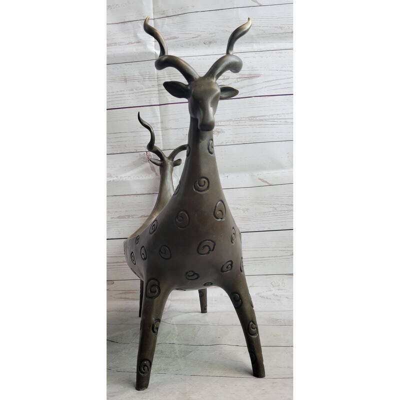 Two Gazelle Antelope Kudu Bronze Vessel Planter Bowl Candy Dish