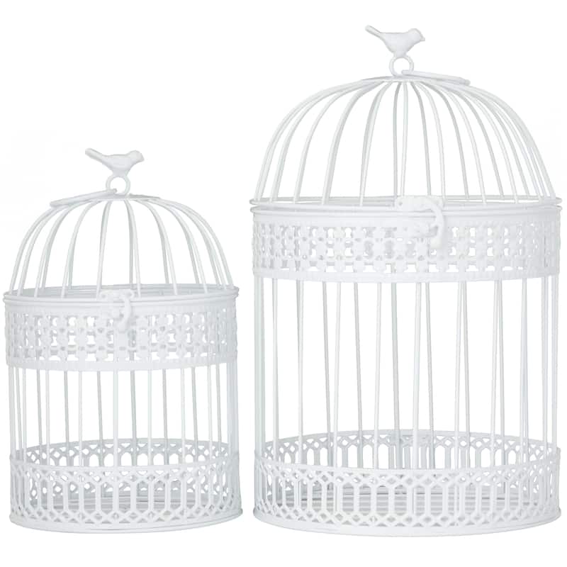 White Metal Bird Decorative Birdcage with Latch Lock Closure and Hanging Hook (Set of 2)
