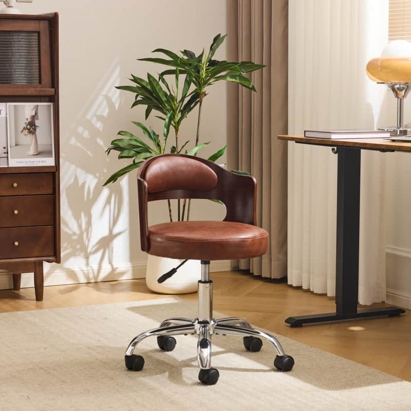 Ring-Shaped Wooden Back Office Chair With Foot Spikes And Wheels - Brown