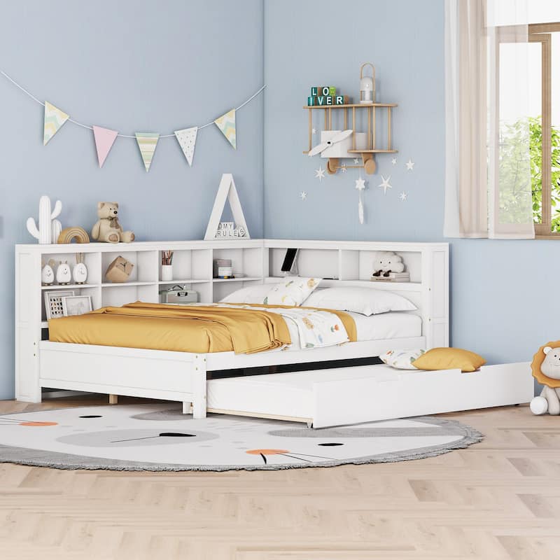 Wooden Full Size DayBed with Twin Size Trundle, DayBed with Storage Shelf and USB Charging Ports