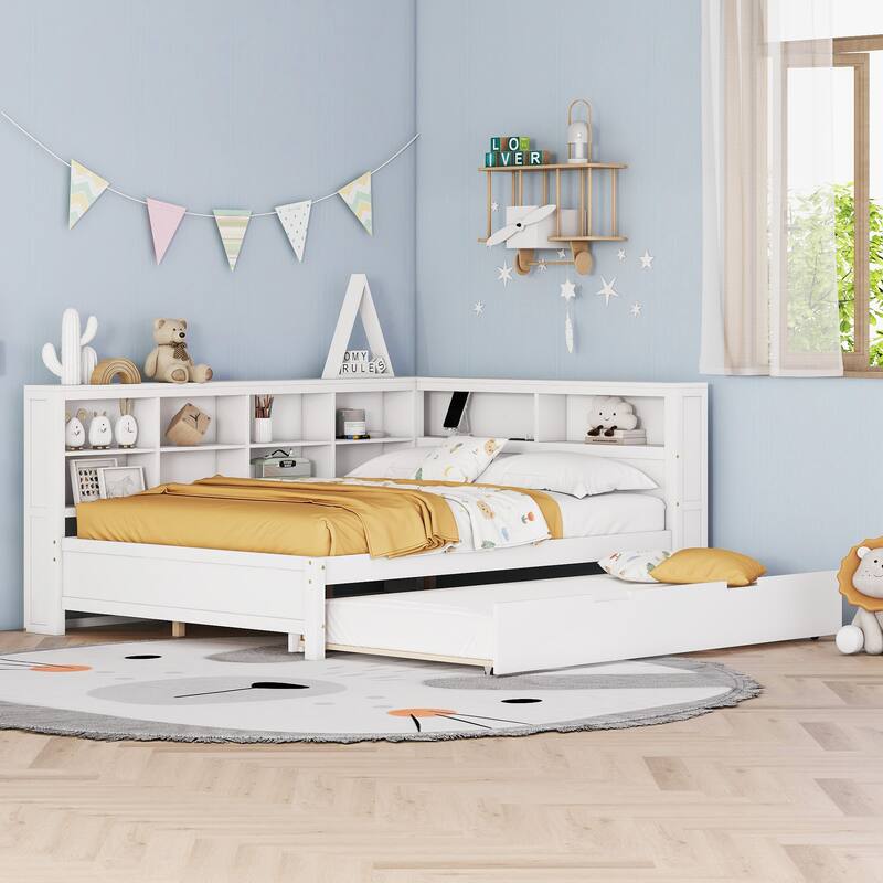 Wooden Twin/Full Daybed with Pull-Out Trundle, Storage Shelf, and USB Charging Station for Modern Bedroom