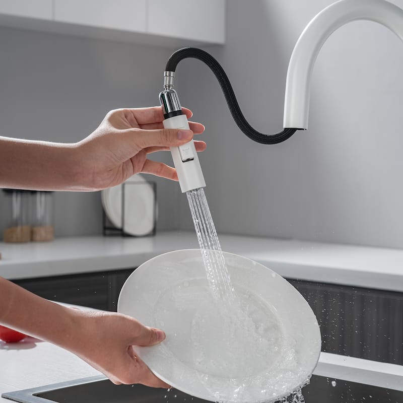 19"H Solid Brass High-Arc Single Handle Gooseneck Pull Down Sprayer Kitchen Faucet