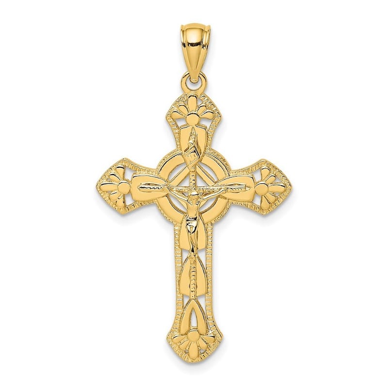 Curata 14k Yellow Gold Large Textured Arrow Tips and Circle Center Crucifix Cross Necklace 32mm x 40mm