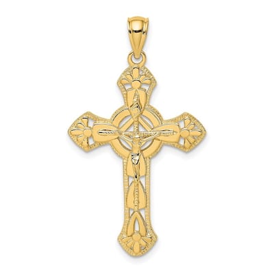Curata 14k Yellow Gold Large Textured Arrow Tips and Circle Center Crucifix Cross Necklace 32mm x 40mm