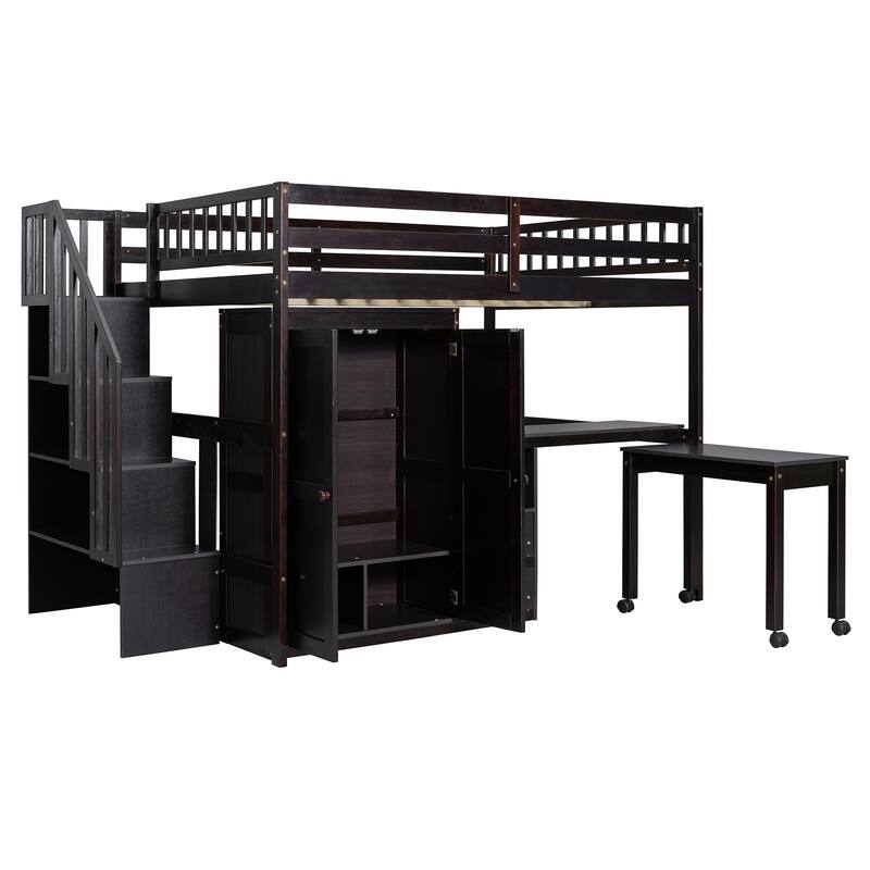 Multifunctional Full Size Loft Bed with Stairs, Bookshelf, Drawers, Desk & Wardrobe for Kids & Teens