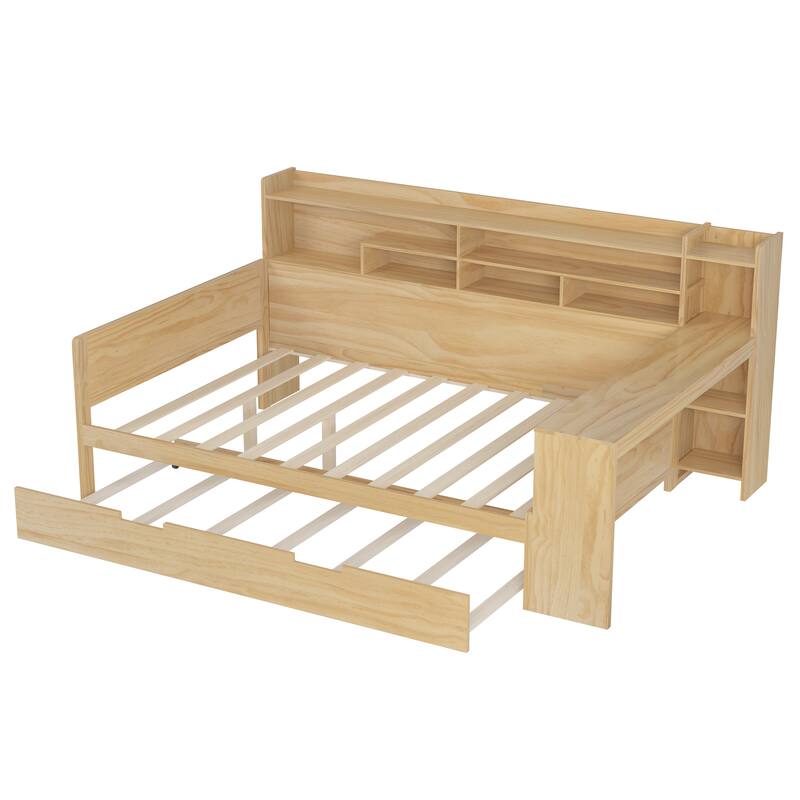 Wooden Full Size Daybed with Twin Trundle and Study Desk, Multi-functional Design with Storage Shelves, Bedroom Furniture