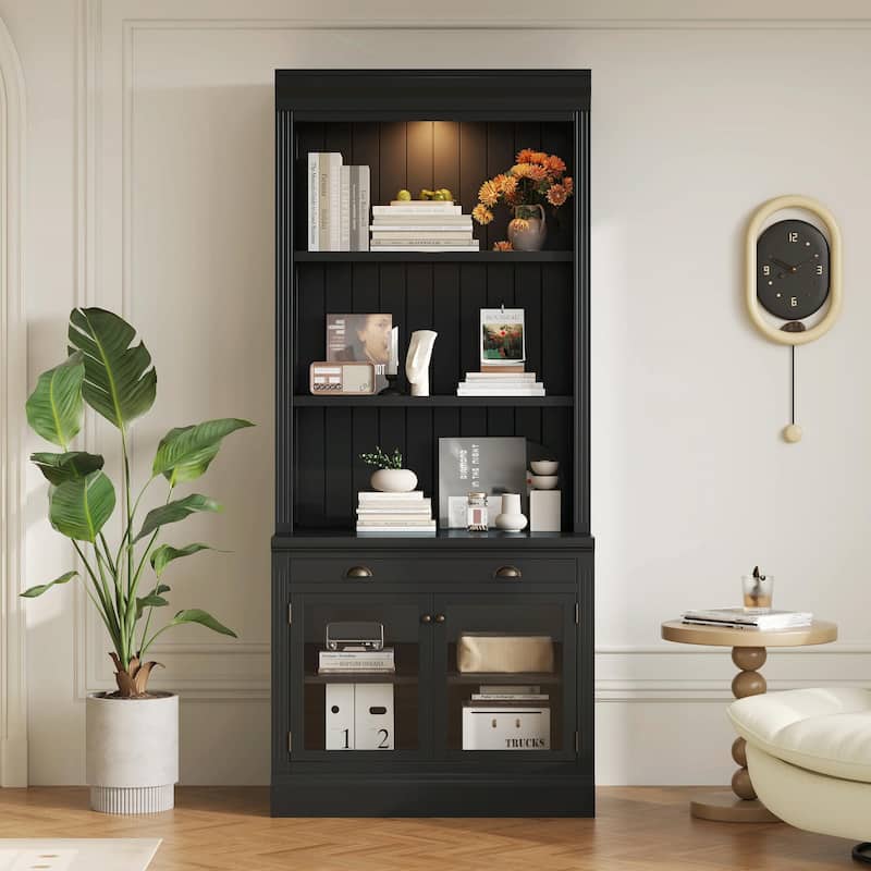 83.4" Tall Bookshelf with LED Lighting - Black