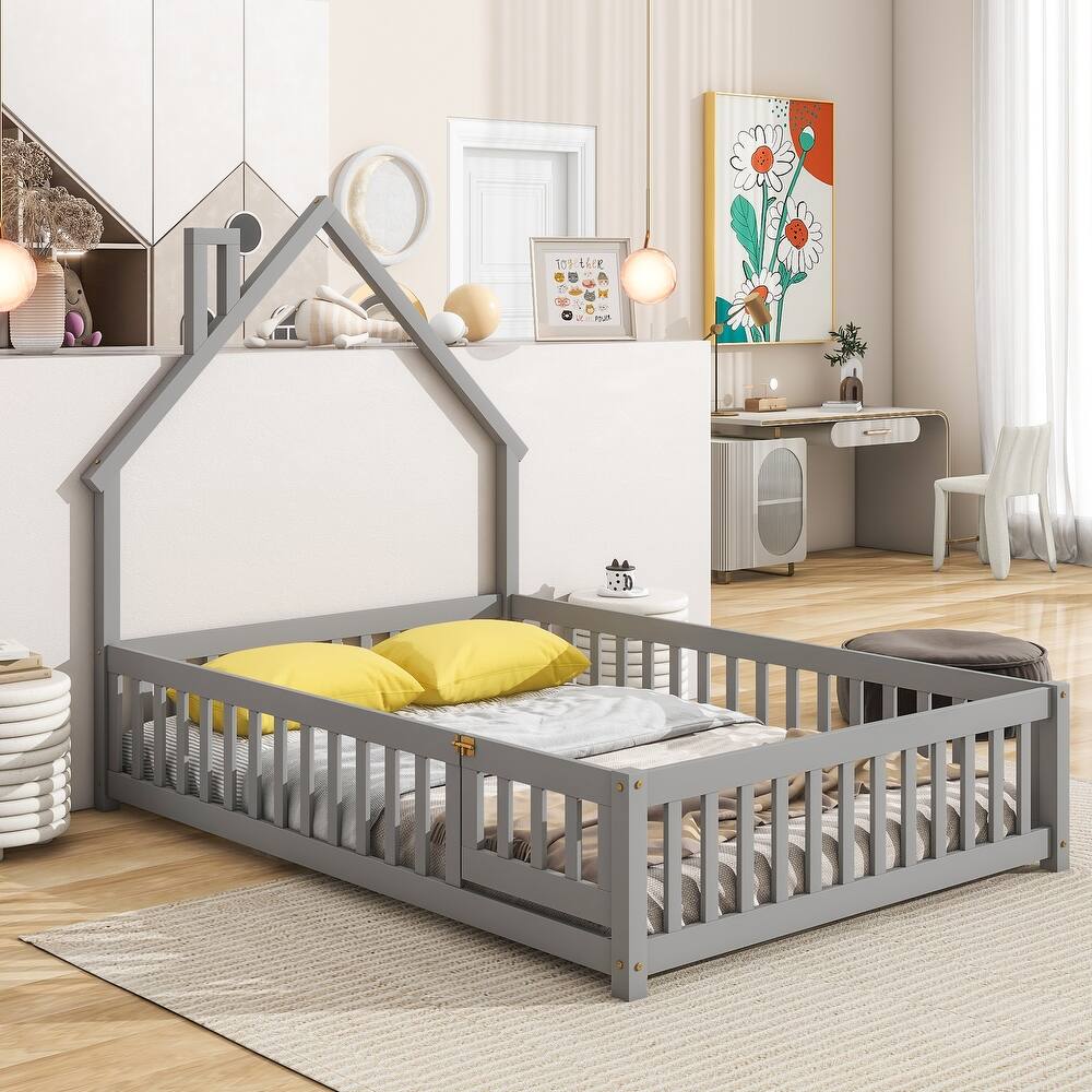 Pine Wood House-Shaped Headboard Floor Bed with Fence for Kids, Boys and Girls